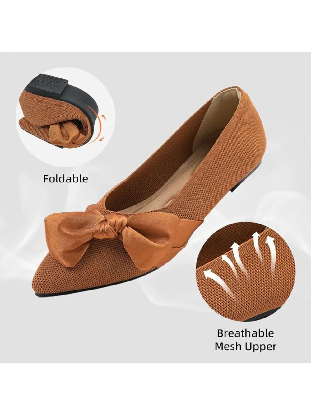 Women's Brown Mesh Pointed Toe Ballet Slip On Comfortable  Flats with Bow Shoes